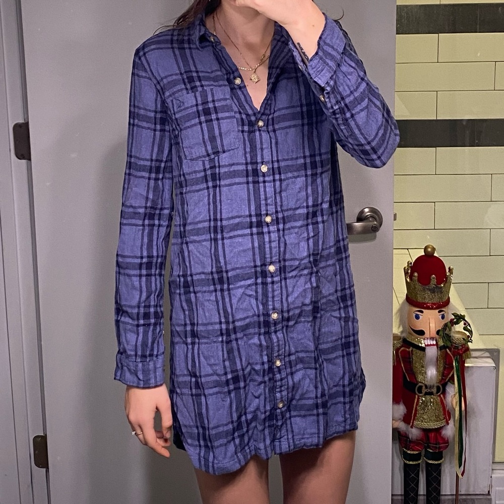 Blue Flannel Button Up Shirt Dress